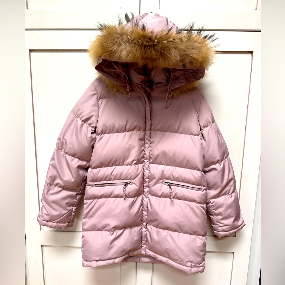 BONPOINT Girls Mauve Pink Down Parka Coat Jacket Size 10 EUC Removable Hood/Trim